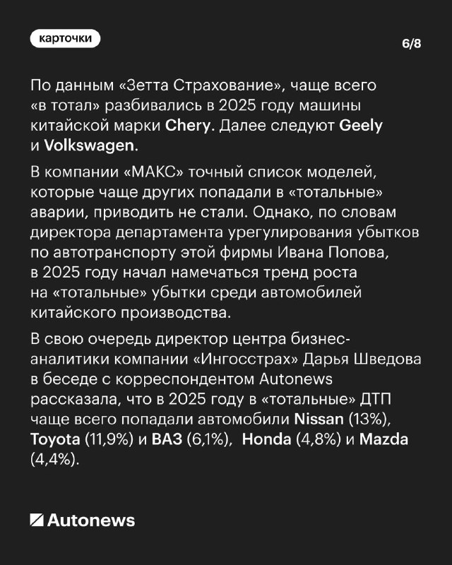 Самые опасные автомобили в России на 2025 год по данным страховых компаний