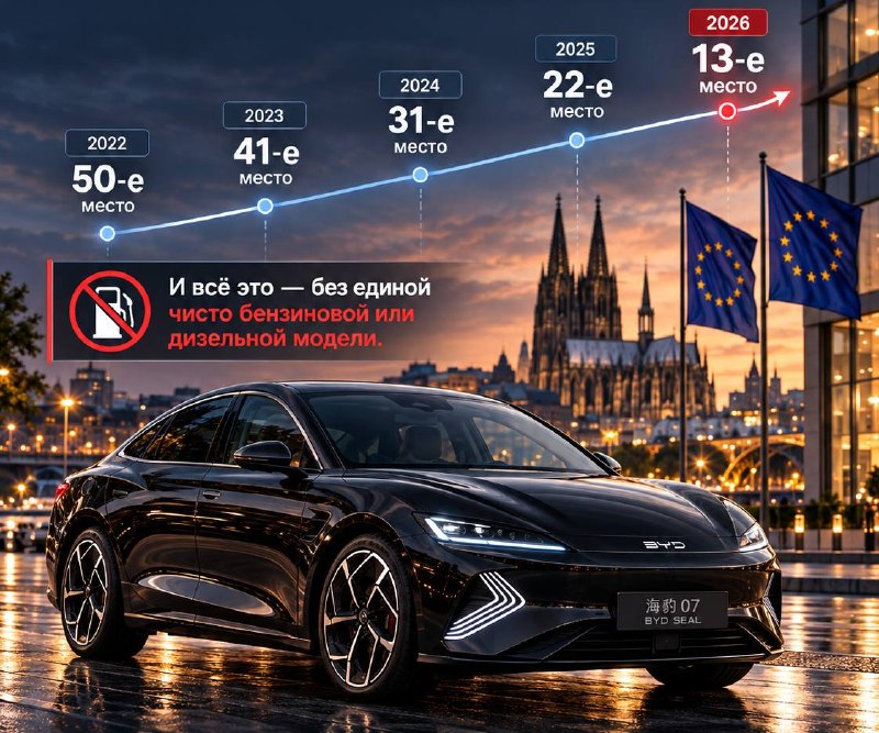 BYD за 4 года поднялся с 50-го на 13-е место в Европе без чистых ДВС