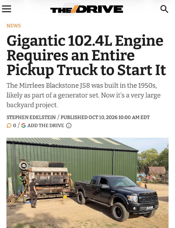 Блогер запустил 102-литровый дизель Mirrlees Blackstone JS8 с помощью Ford F-150 Блогер запустил 102-литровый дизель Mirrlees Blackstone JS8 с помощью Ford F-150
